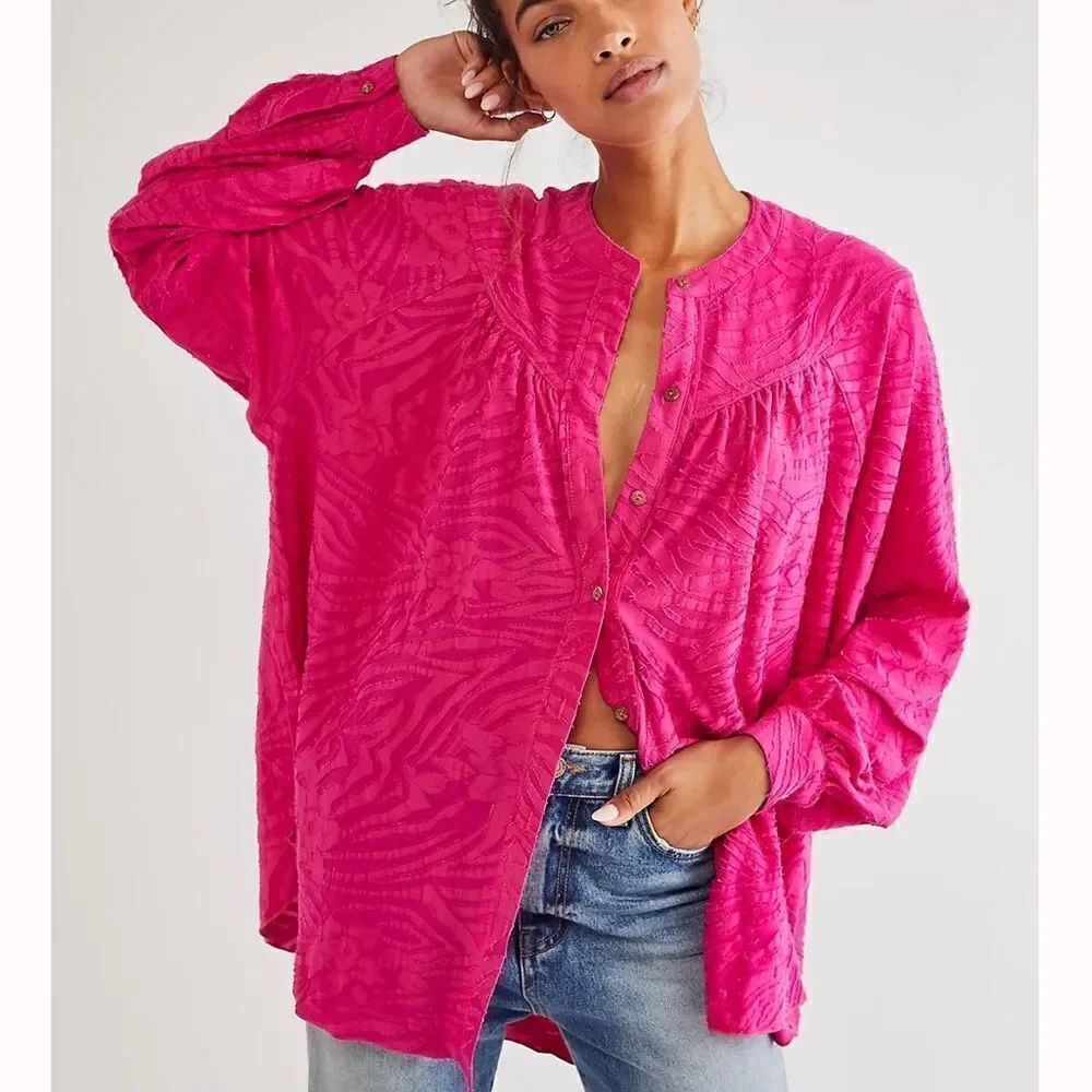 free people S & M “Can’t Stop Dreaming” Long Sleeve Hot Pink Fuchsia Tunic